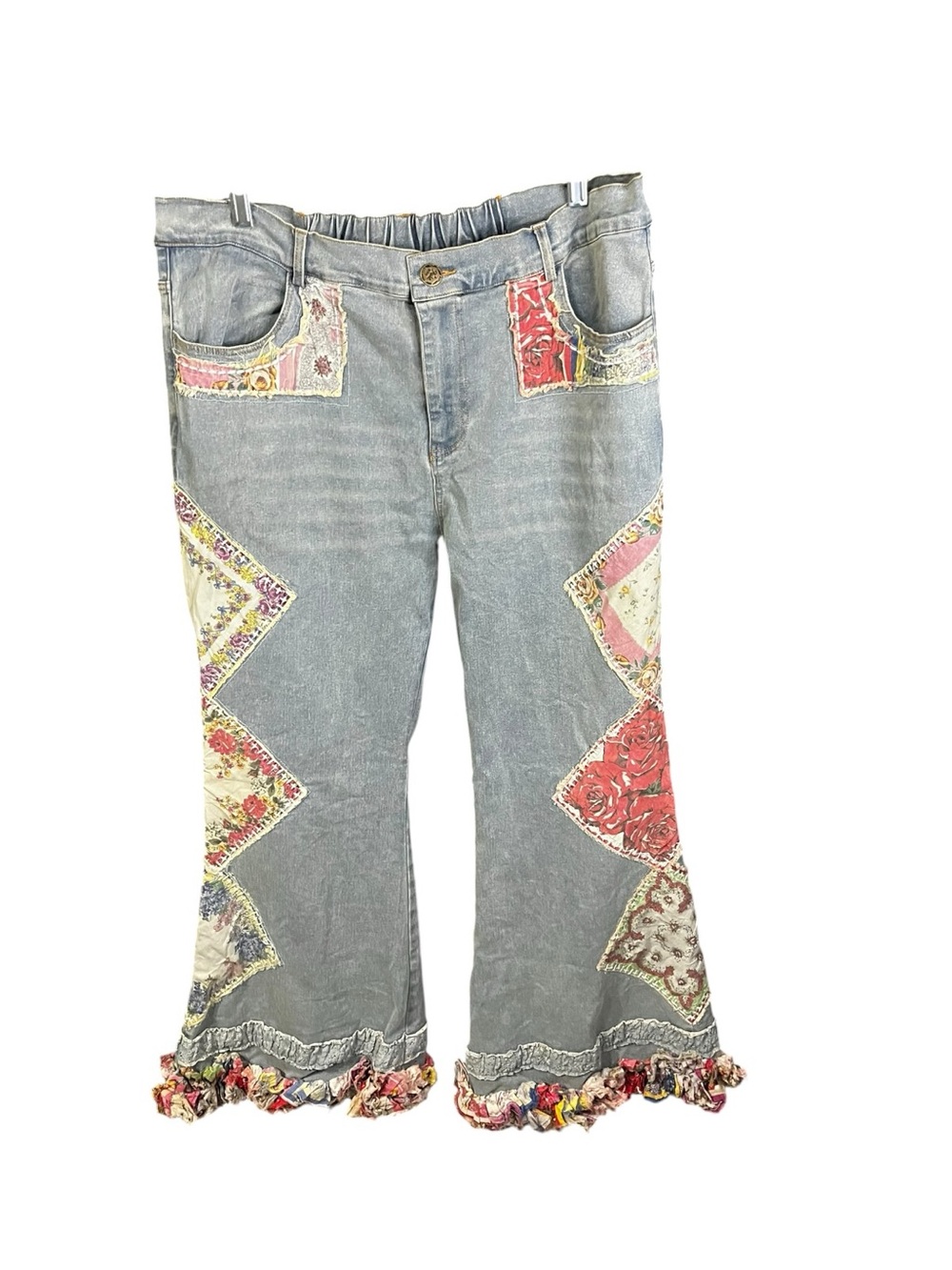 A Rare Bird Hanky Jeans XL Patchwork Floral Trim Light Wash Jeans
